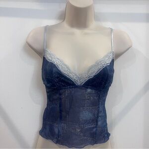 Edikted Denim-Print Sheer Lace Trim Cami Top in Dark Blue